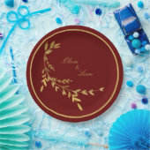 Red Gold Leaf Elegant Name Script Weddenschap Papieren Bordje (Feest)