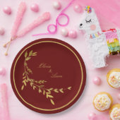 Red Gold Leaf Elegant Name Script Weddenschap Papieren Bordje (Feest)