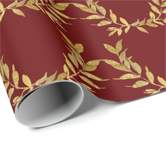 Red Gold Leaf Monogram Elegant Chic Wedding Cadeaupapier (Rol Hoek)