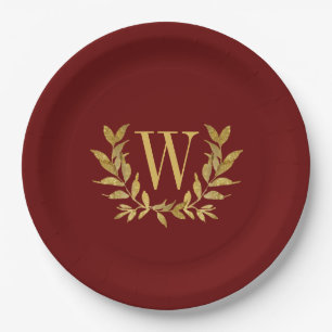Red Gold Leaf Monogram Elegant Chic Wedding Papieren Bordje
