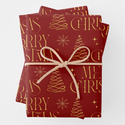 Red Gold Merry Christmas Tree Snowflake Stijlvol Inpakpapier Vel (In situ)