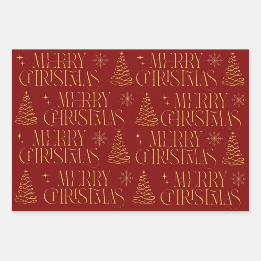 Red Gold Merry Christmas Tree Snowflake Stijlvol Inpakpapier Vel (Voorkant)