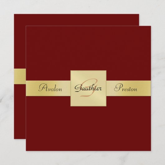 Red Gold Metal Monogram Lint Formele Uitnodiging (Voorkant / Achterkant)