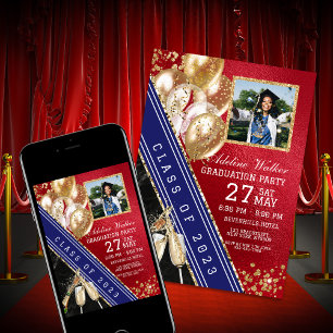 Red Gold Navy Blue Graduation Party uitnodiging