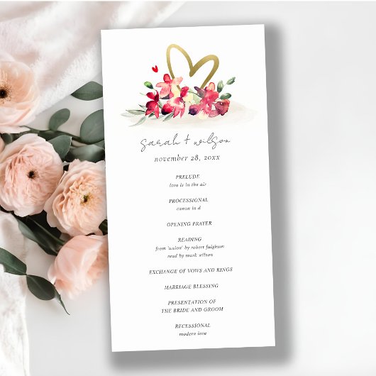 Red Gold Orchid Heart Floral Wedding Programme