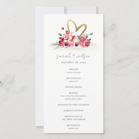 Red Gold Orchid Heart Floral Wedding Programme (Devant)