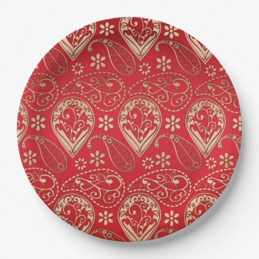 Red Gold Paisley Bandana Pattern Papieren Bordje (Voorkant)