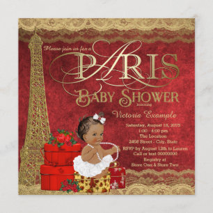 Red Gold Paris Ethnic Girl Baby shower Kaart