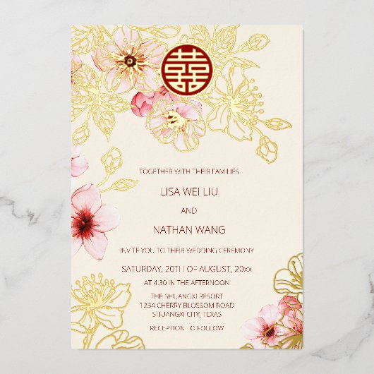 Red Gold  Pink Cherry Blossom Chinese Wedding Folie Uitnodiging (Voorkant)