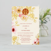 Red Gold  Pink Cherry Blossom Chinese Wedding Folie Uitnodiging (Staand Voorkant)
