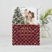 Red Gold Plaid Snow Photo Joyeuse carte de Noël (Debout devant)