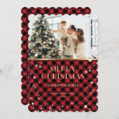Red Gold Plaid Snow Photo Joyeuse carte de Noël (Devant / Derrière)