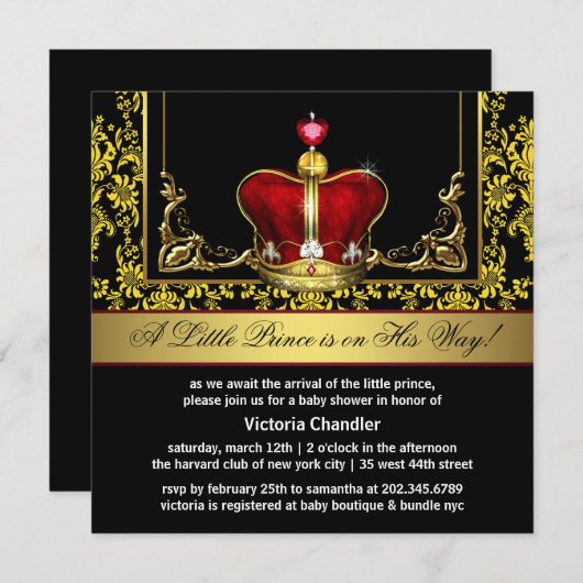 Red Gold Prince Baby Shower Invitations (Devant / Derrière)