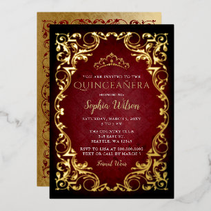  Red Gold Princess Tiara Quinceañera Folie Uitnodiging