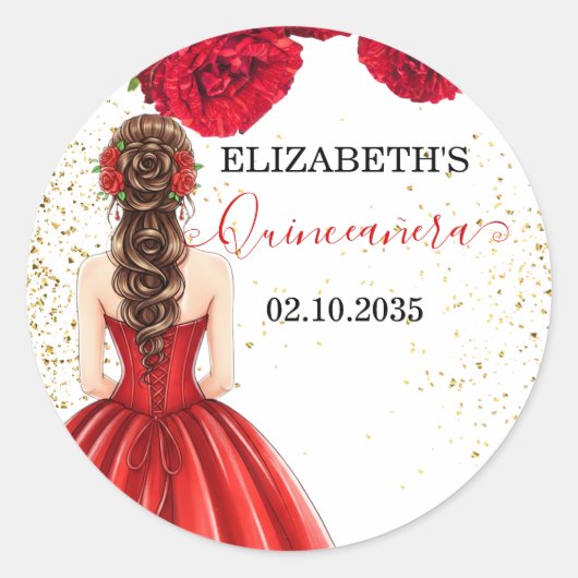 Red & Gold Quinceañera Custom Round Sticker (Devant)