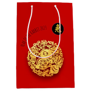 Red Gold Rabbit Papercut Chinees nieuwjaar 2023 MG Medium Cadeauzakje