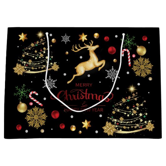 Red Gold Reindeer Merry-kerstboom Groot Cadeauzakje (Voorkant)