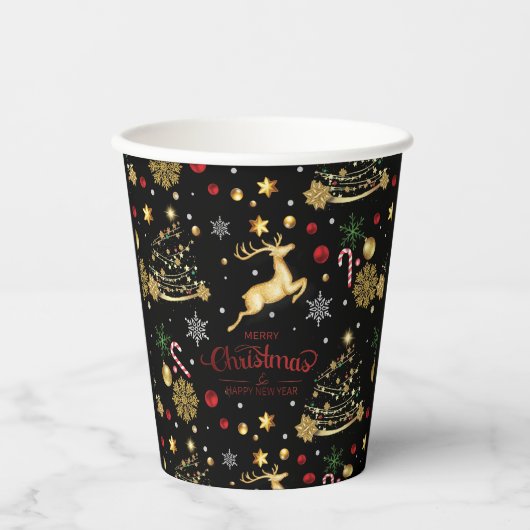 Red Gold Reindeer Merry-kerstboom Papieren Bekers (Voorkant)