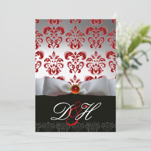 RED GOLD RIBBON & BLACK DAMASK MONOGRAM Ruby Kaart (Staand voorkant)