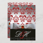 RED GOLD RIBBON & BLACK DAMASK MONOGRAM Ruby Kaart (Voorkant / Achterkant)