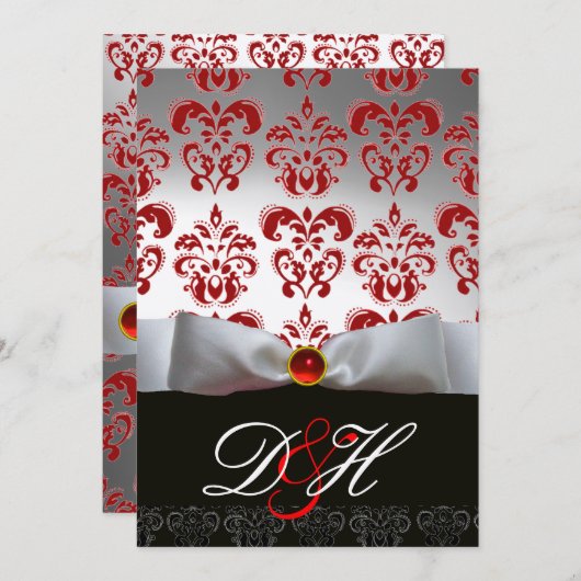 RED GOLD RIBBON & BLACK DAMASK MONOGRAM Ruby Kaart (Voorkant / Achterkant)