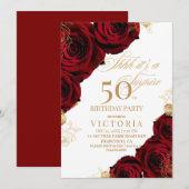 Red Gold Rose 50th Birthday Invitation (Devant / Derrière)