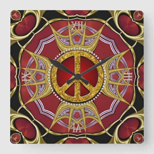 Red Gold Royale Peace Love Clock Vierkante Klok (Voorkant)