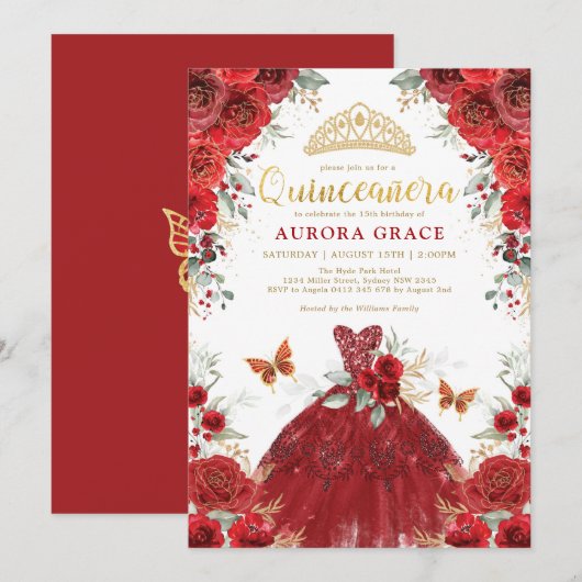 Red Gold Rozen Princess Quinceañera Mis Quince Kaart (Voorkant / Achterkant)