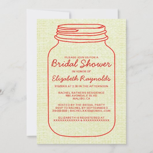 Red Gold Rustic Mason Jar Invitation de la douche (Devant)