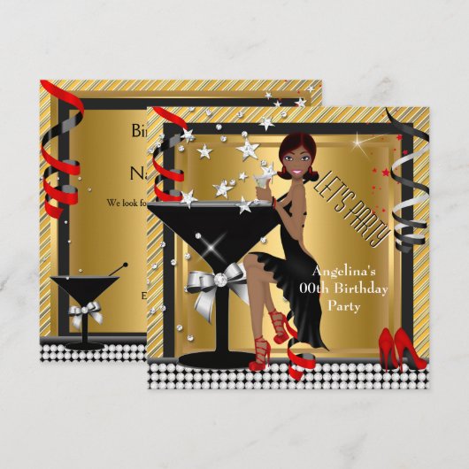 Red Gold Silver Black Martini Birthday Party Kaart (Voorkant / Achterkant)