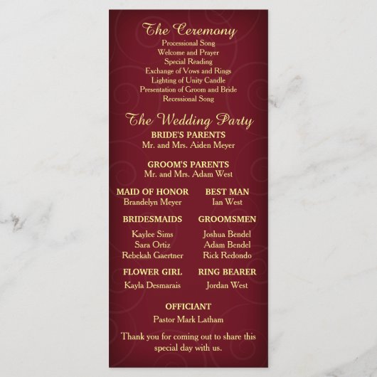 Red Gold Snowflakes Programme de mariage (Dos)