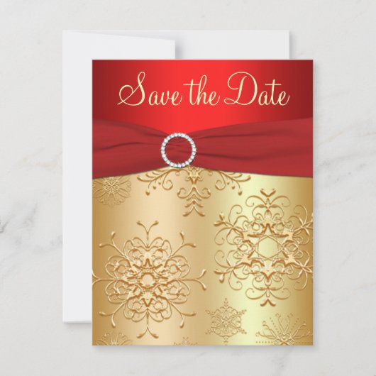 Red, Gold Snowflakes Wedding Enregistrer la carte (Devant)