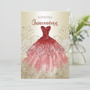Red Gold Sparkle Dress Quinceañera Quince Kaart