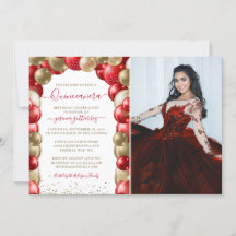 Red Gold Sparkle Quinceañera Ballon Foto Invita