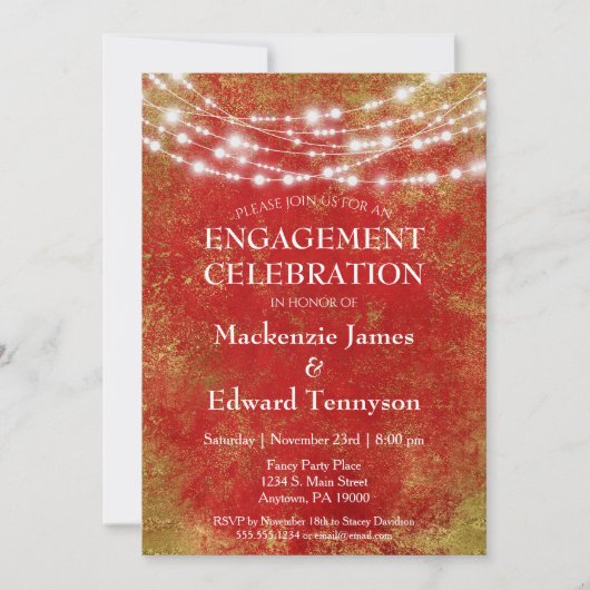 Red Gold String Lights Engagement Party Invitation (Devant)