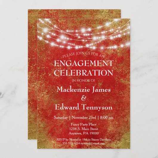 Red Gold String Lights Engagement Party Invitation (Devant / Derrière)