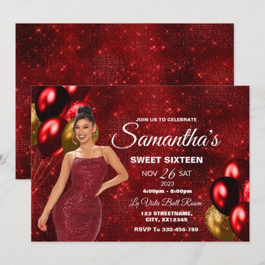 Red & Gold Sweet 16 Girl Birthday Invitation (Devant / Derrière)