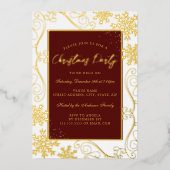 Red Gold Swirl Snowflake Lijst Kerstfeest Folie Uitnodiging (Voorkant)