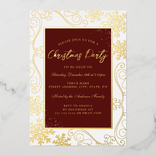 Red Gold Swirl Snowflake Lijst Kerstfeest Folie Uitnodiging (Voorkant)