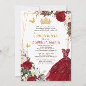 Red Gold Tiara Quinceañera Invitation en espagnol (Devant)