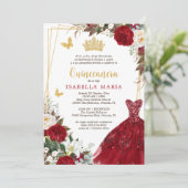 Red Gold Tiara Quinceañera Invitation en espagnol (Debout devant)