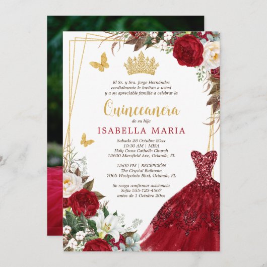 Red Gold Tiara Quinceañera Invitation en espagnol (Devant / Derrière)