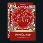 Red Gold Tropical 50th Birthday Party Invitations<br><div class="desc">Invitations uniques et grand design pour tous les grands événements spéciaux : Design exquis Bohème et Batik inspiré 50ème anniversaire soirée invitations personnalisables dans des détails riches avec des couleurs chaudes et vibrantes d'or rouge, vert et pastel - entièrement personnalisable et facile pour quiconque de concevoir ce modèle dans n'importe...</div>
