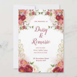 Red Gold Waterverf Floral Bewaar de datum Kaart