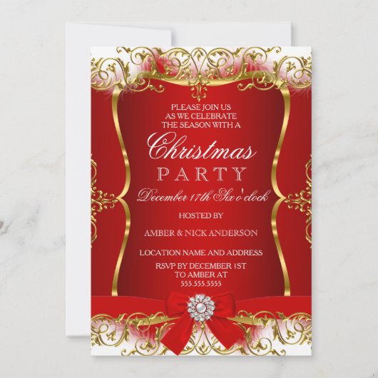 Red Gold White Damask Bow Noël Invitation (Devant)