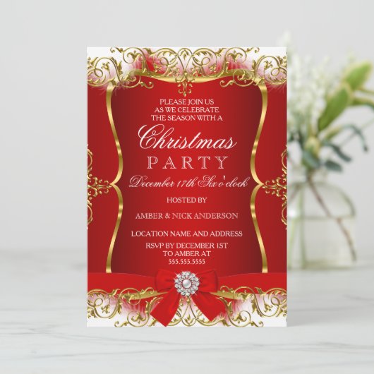 Red Gold White Damask Bow Noël Invitation (Debout devant)