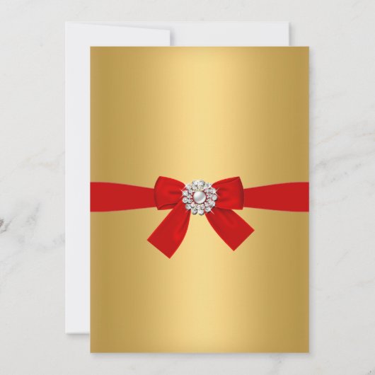 Red Gold White Damask Bow Noël Invitation (Dos)