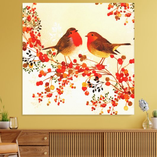 Red Gold Winter Birds Holly Berry Branches Canvas Afdruk (Insitu (Woonkamer))