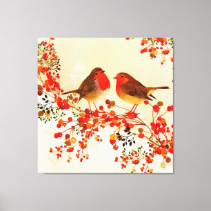 Red Gold Winter Birds Holly Berry Branches Canvas Afdruk