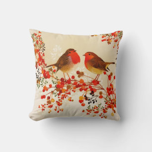Red Gold Winter Birds Holly Berry Branches Kussen